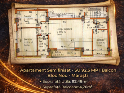Apartament Semifinisat - SU 92,5MP I Balcon I Bloc Nou - Marasti