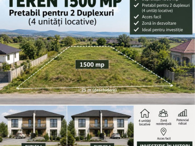 Teren 1.500 mp pentru dezvoltare rezidențială Gruia 2 duplexuri 4 unități 